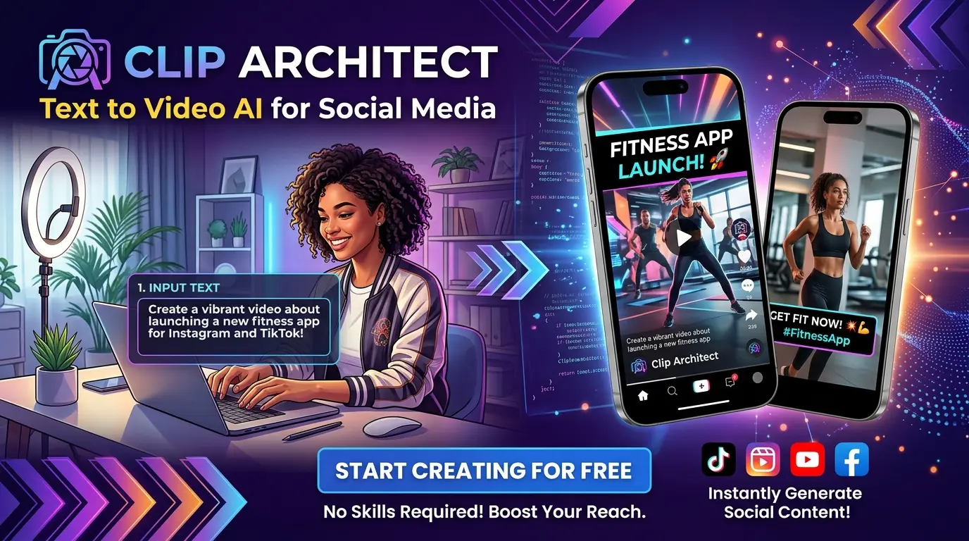 Clip Architect brand banner: the mark and wordmark beside an illustrated desk scene and two phones showing a vertical video being made from a typed prompt.