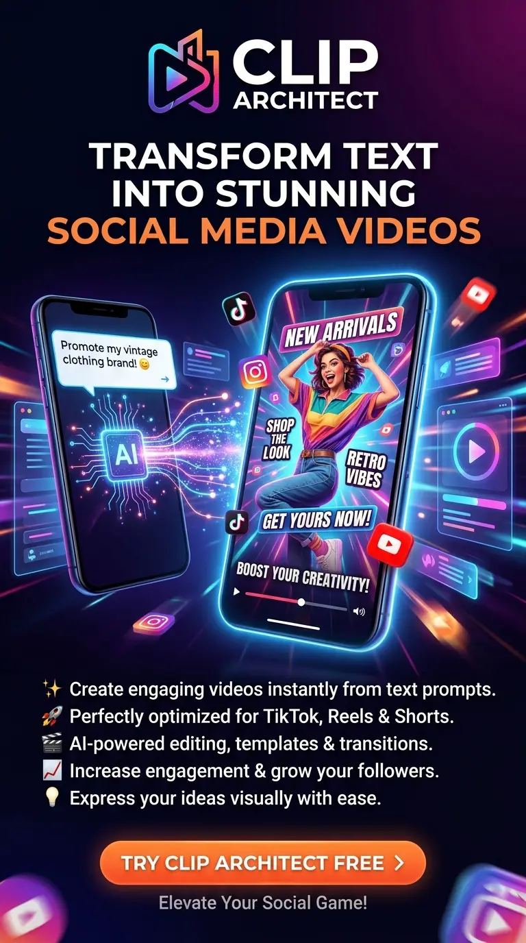 Clip Architect promotional poster: the mark and wordmark above two phones, a typed prompt turning into a vertical fashion video, and a list of what the app does.