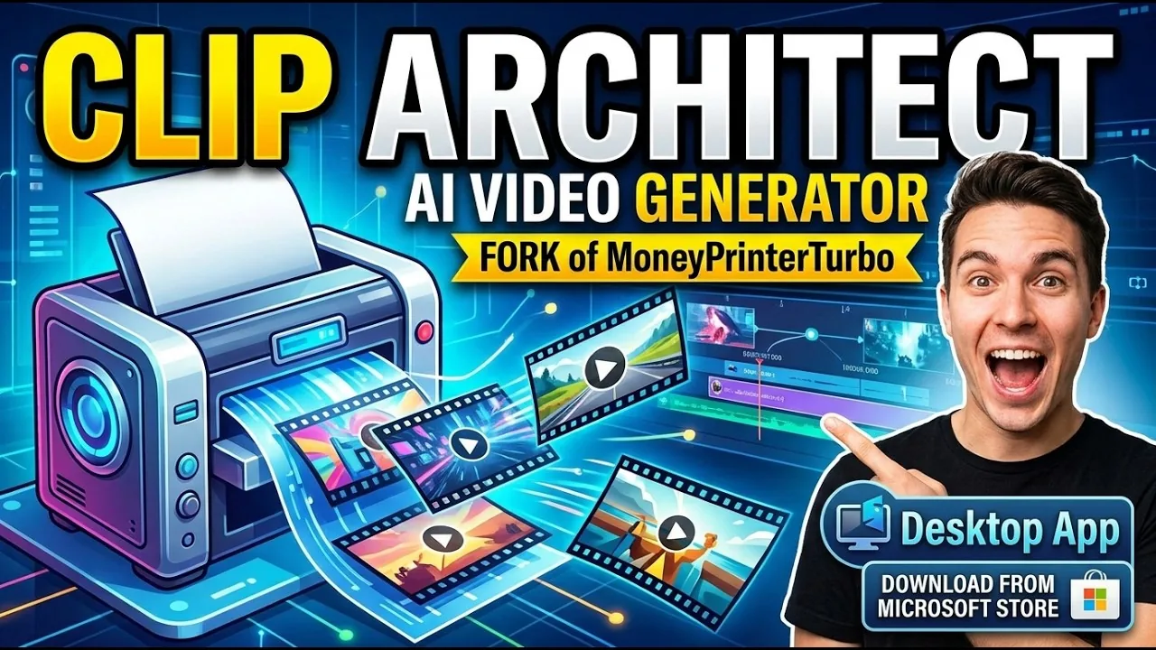 Cover art for the walkthrough video: the Clip Architect wordmark above an illustrated machine printing film strips, a presenter beside it, and badges reading AI video generator, fork of MoneyPrinterTurbo, desktop app, download from Microsoft Store.