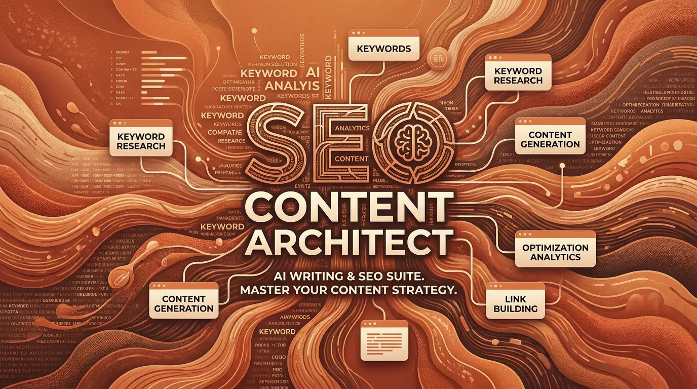 SEO Content Architect banner: the product name at the centre of a keyword map, ringed by cards reading keyword research, content generation, optimization analytics and link building.