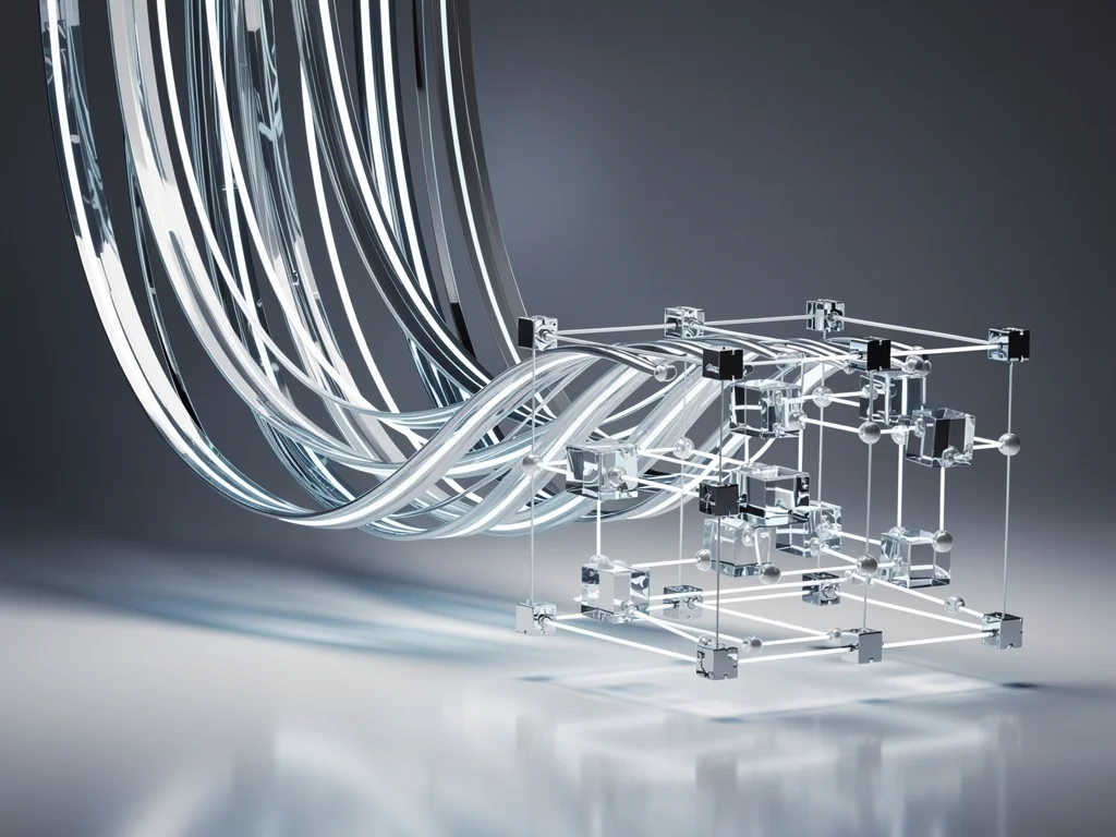 Luminous text ribbons dissolve into a crystalline 3D diagram of connected nodes, boxes, and flowlines