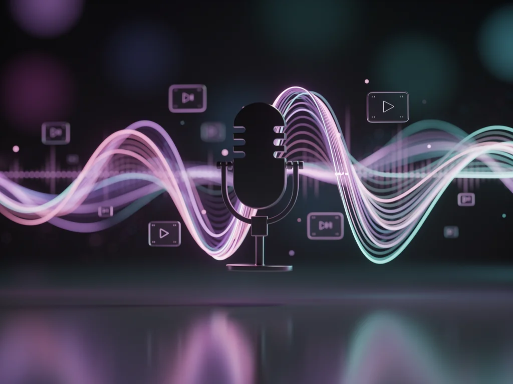 Glowing abstract soundwave sculpture with floating clip icons and a microphone silhouette amid neon bokeh