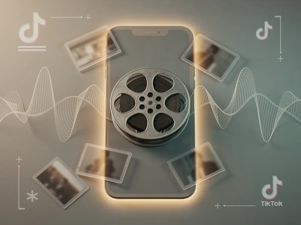 Flat-lay of film reels and translucent clip cards around a smartphone-shaped silhouette, with drifting waveform ribbons