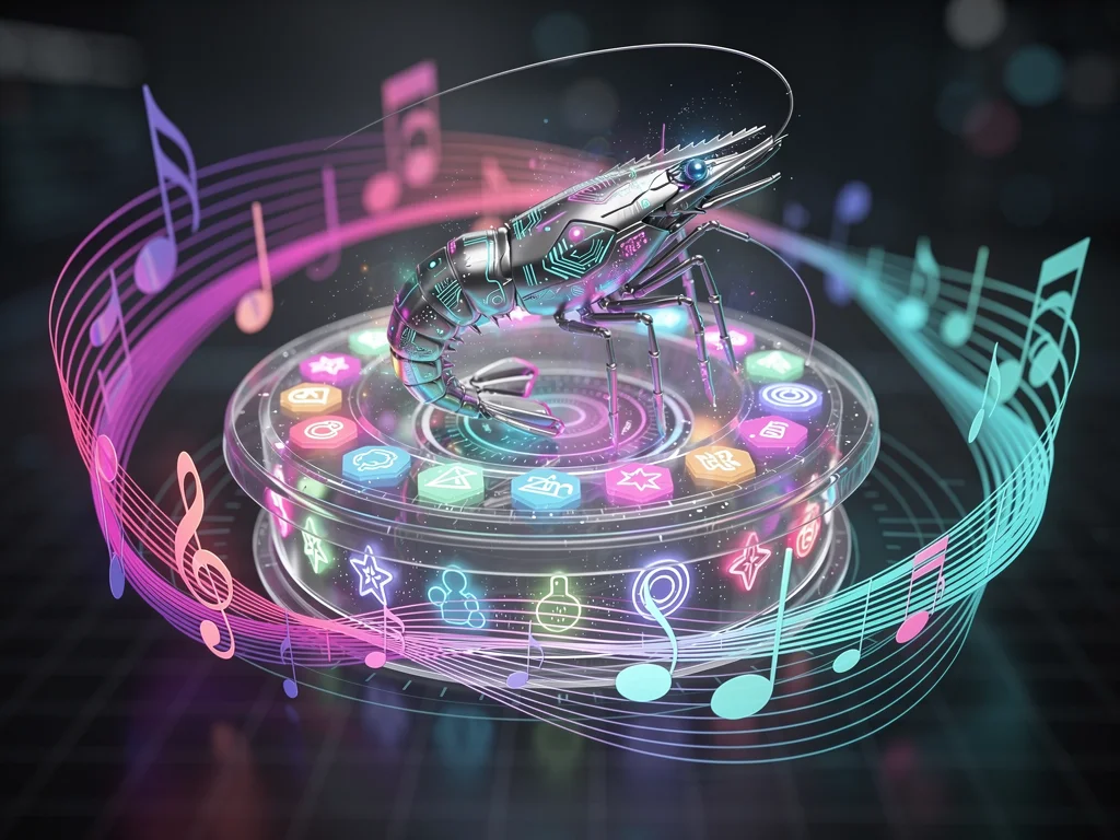 A cybernetic shrimp sits on a hub with holographic tokens and genre icons, surrounded by vibrant soundwaves