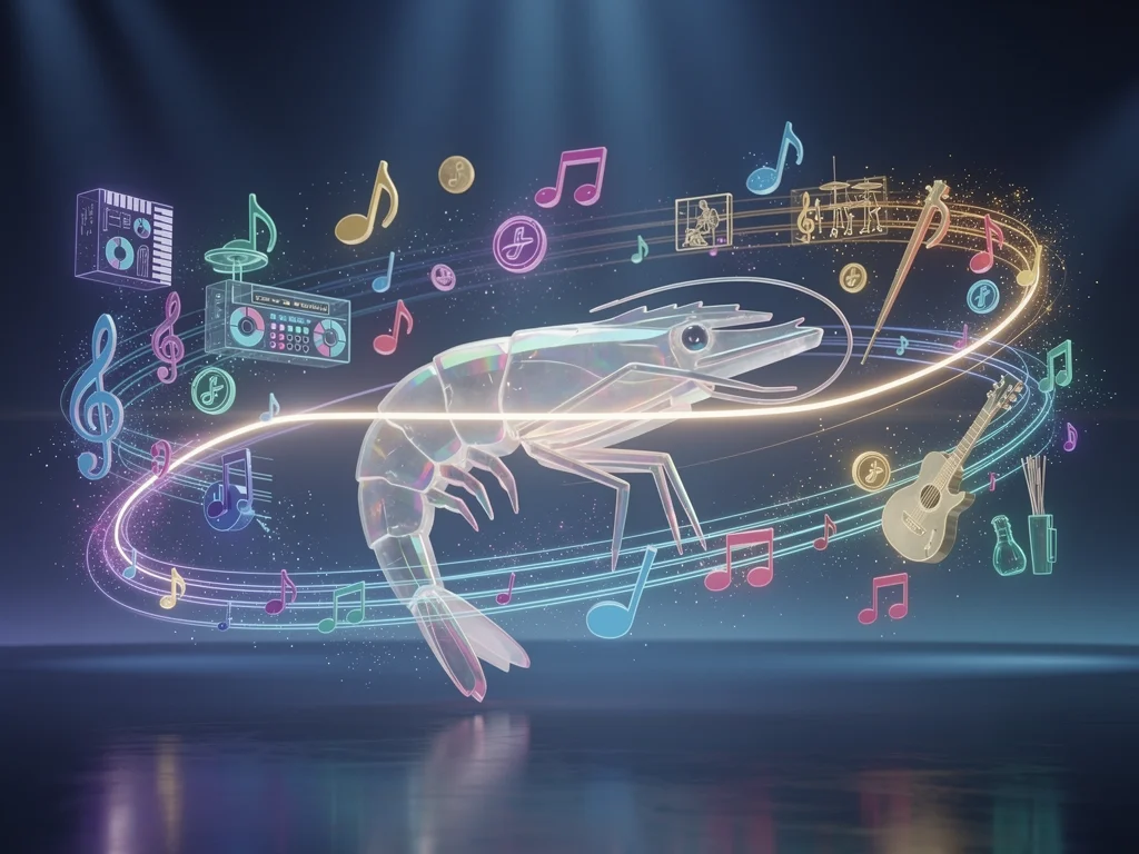 A translucent shrimp-shaped console surrounded by musical icons and a bright line suggesting AI music creation