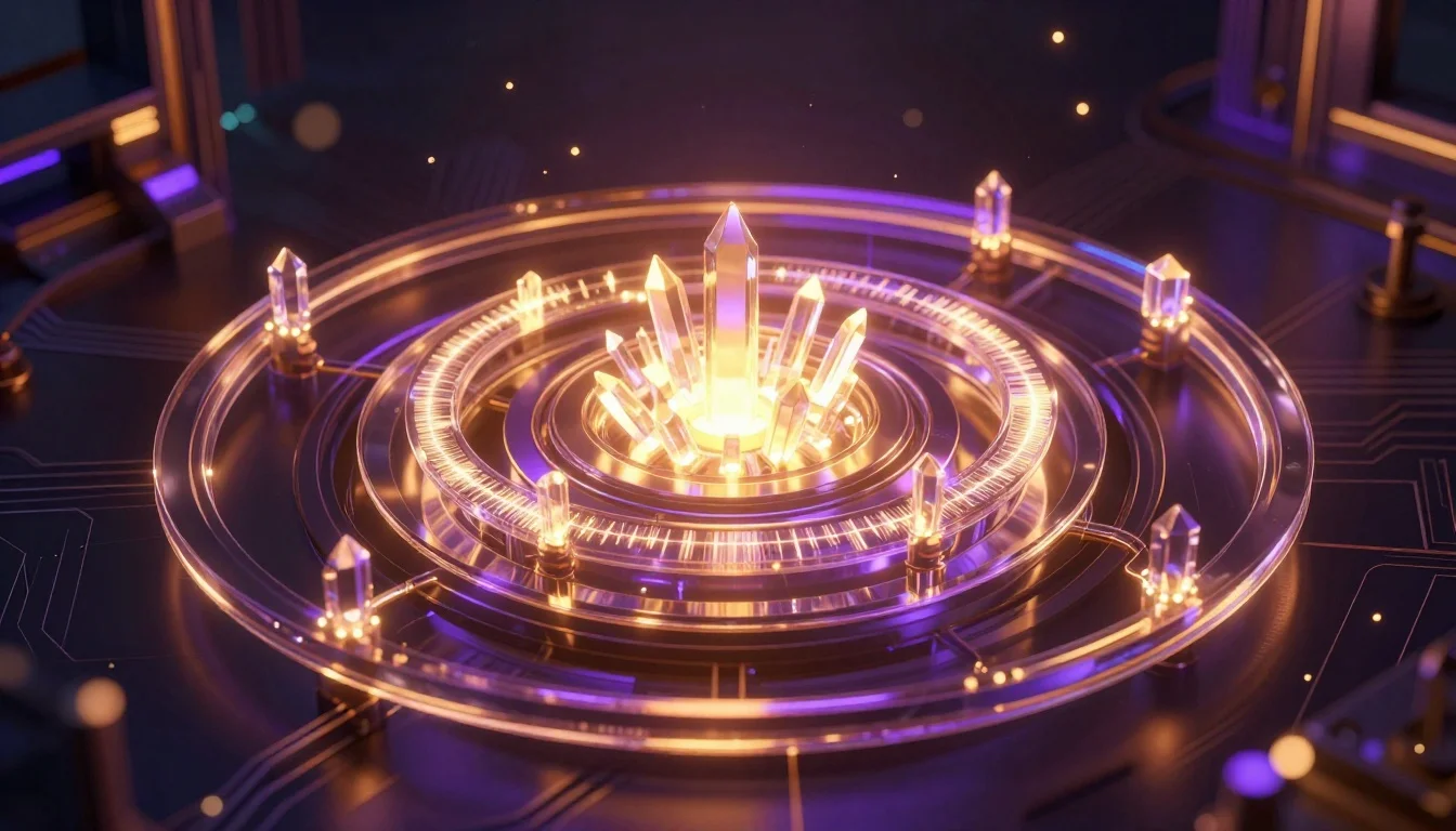 Layered glass rings rotate around a glowing core, connecting fiber-optic ribbons in a circular synthesis engine.