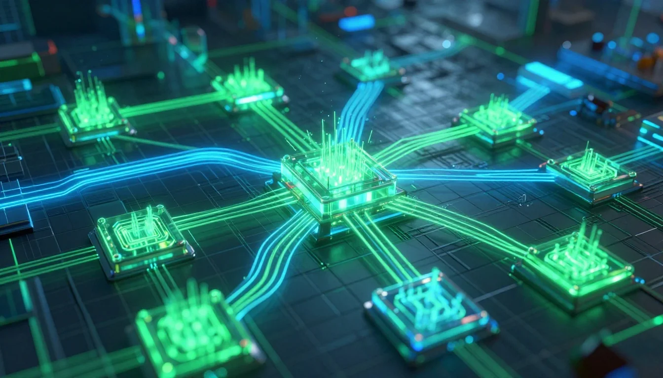 Energy currents flow across a neon grid, passing through glowing prism gates that refine the streams into light nodes.