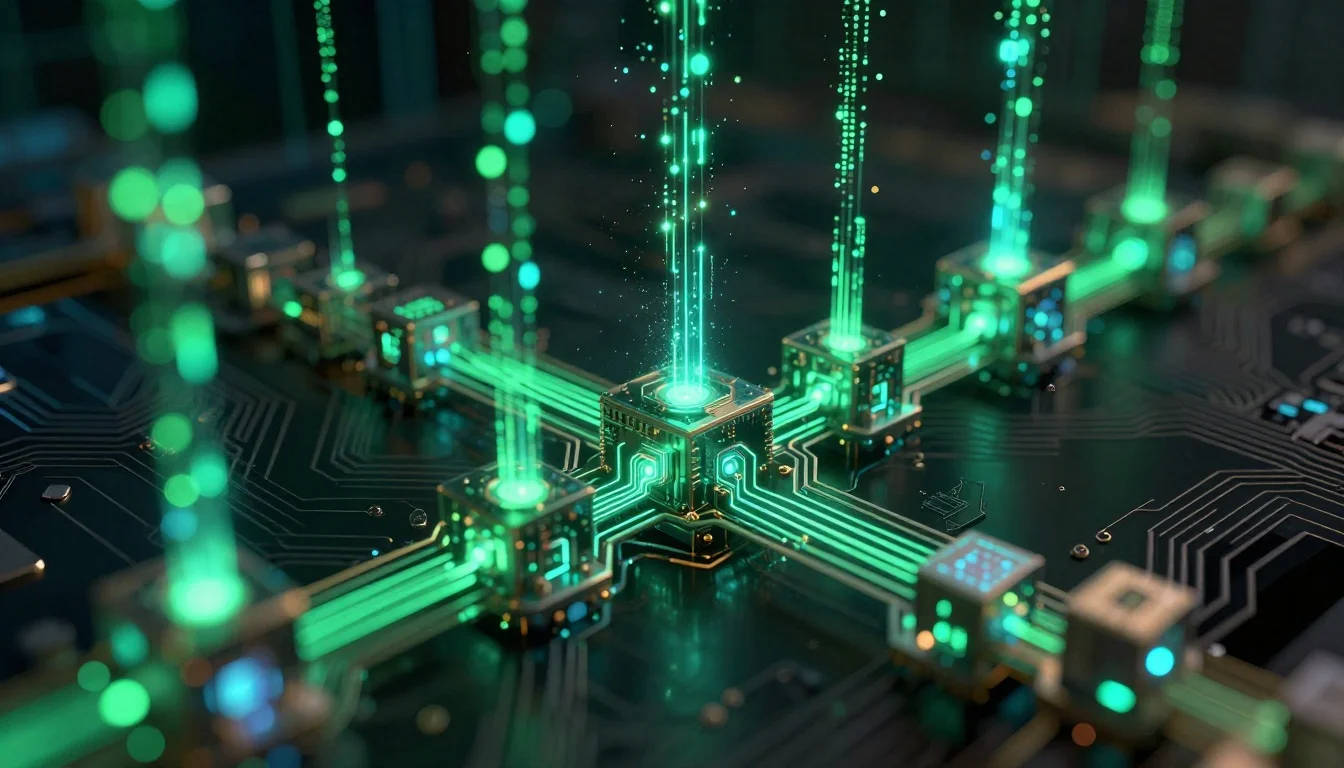 Modular glowing cubes align into illuminated circuit nodes as green particles drift past a dense geometric lattice.