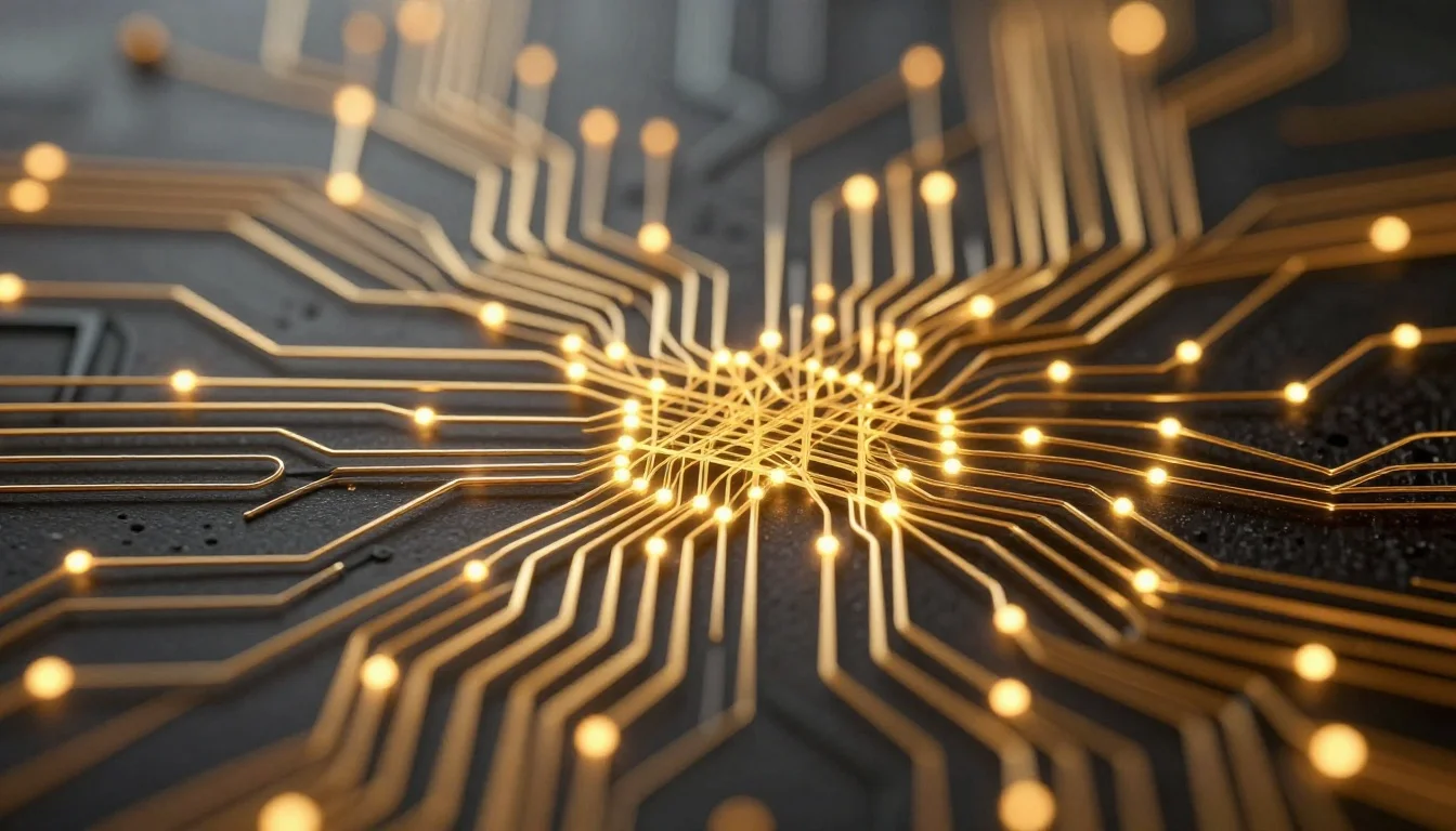 Woven optical fabric of glowing golden and obsidian threads, with light pulses merging at dynamic junctions.