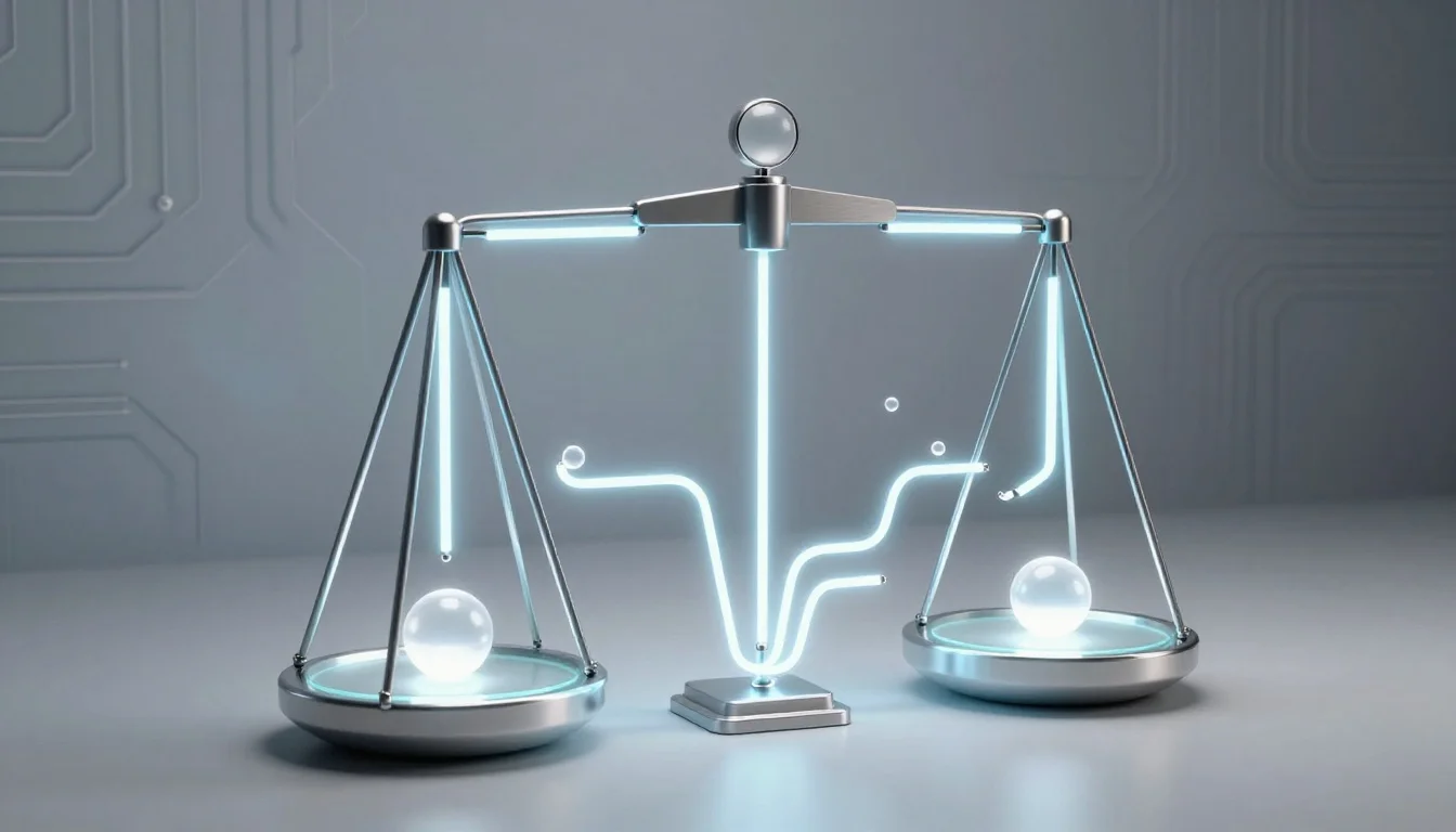 Glass and nickel geometric scale balancing glowing light particles across platforms joined by weaving ribbons of light.