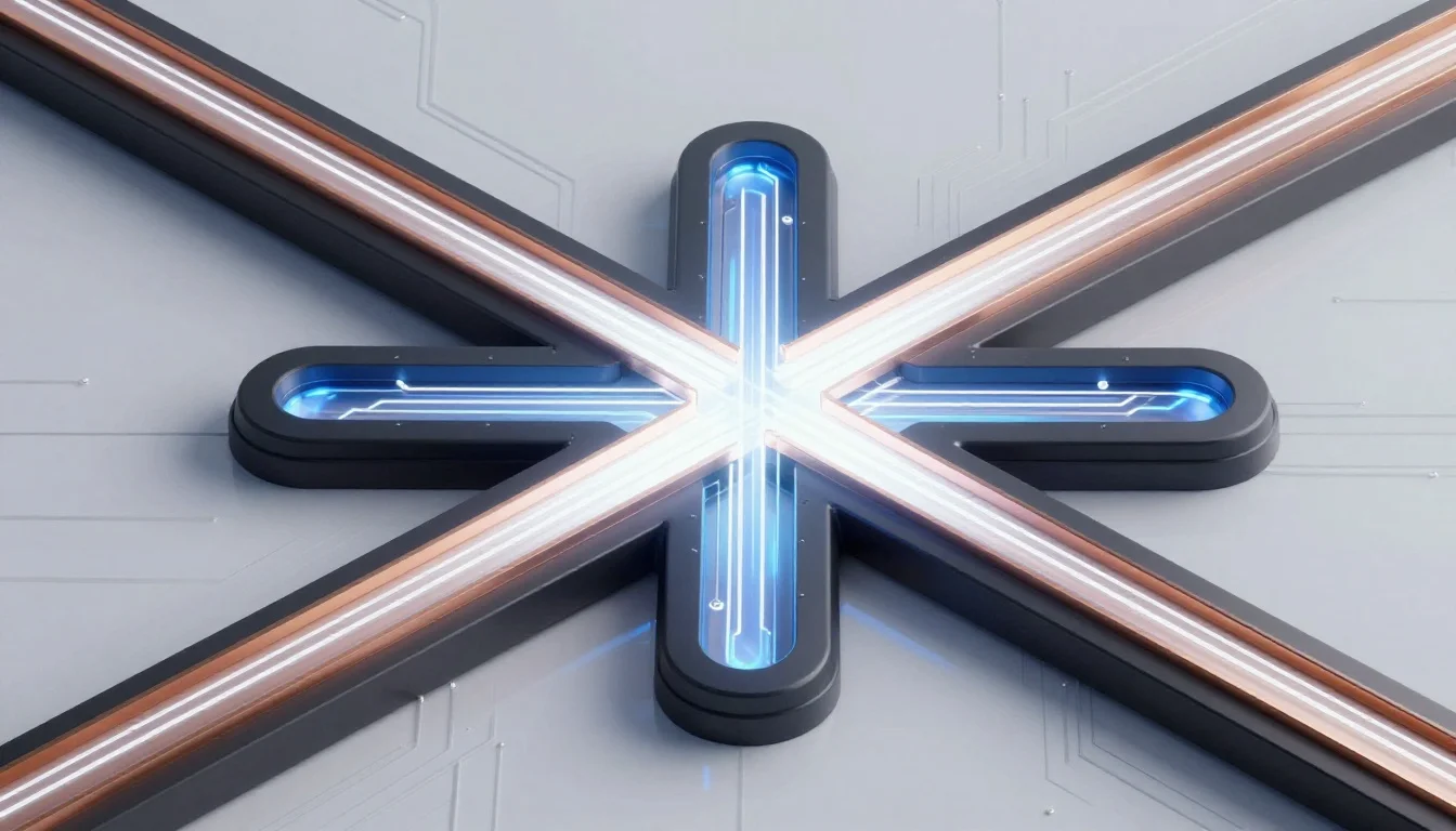 Isometric network crossroads with white light streams dividing as they pass through glowing glass prisms.