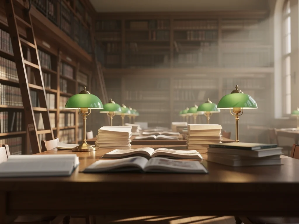 Library interior with rows of bookshelves, a reading table with papers and notebooks, and brass lamps