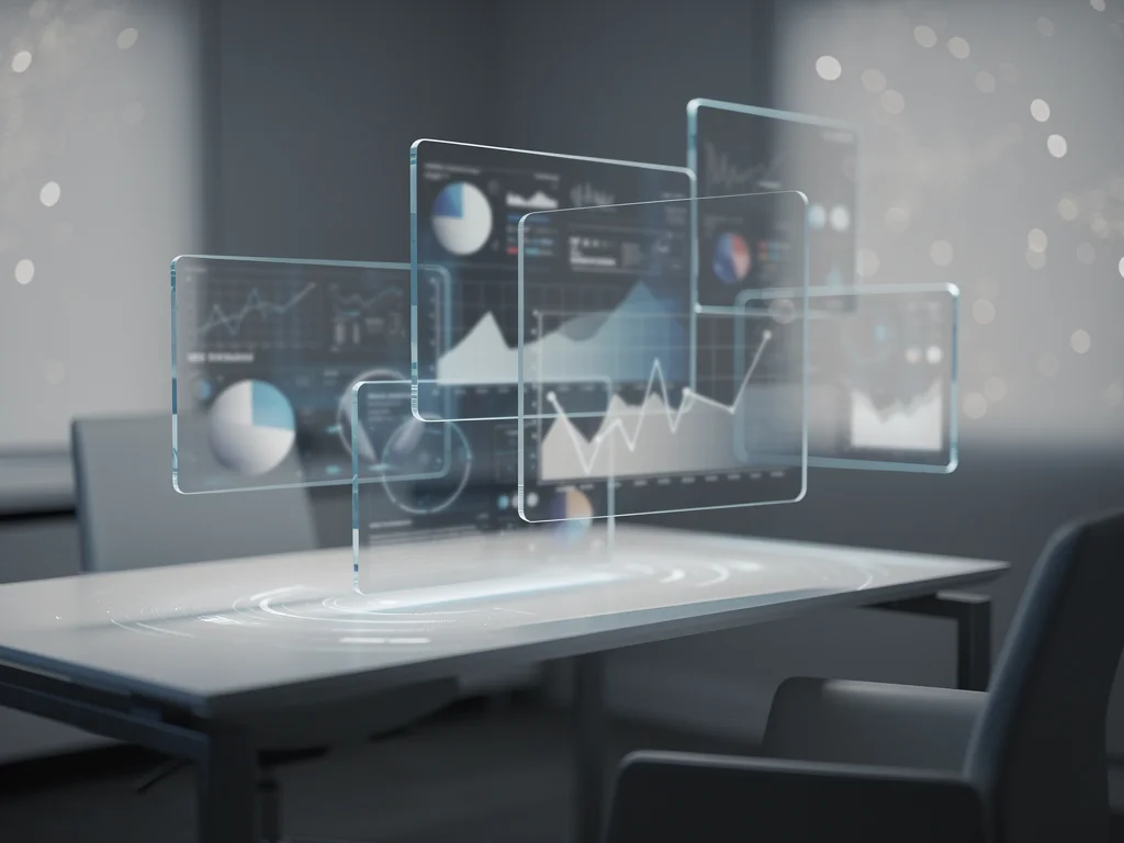 Translucent glass panels with blurred charts floating above a minimalist desk in a modern study