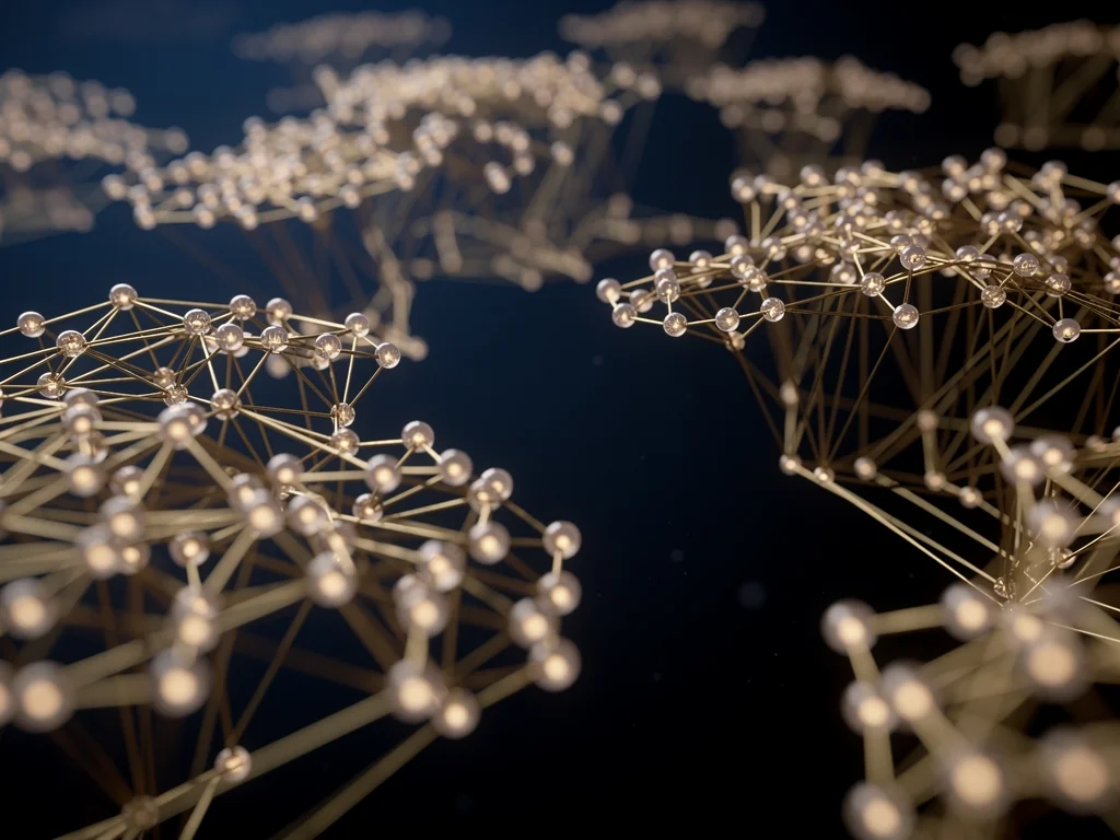 Glowing orbs connected by fine golden threads forming a network resembling a citation map