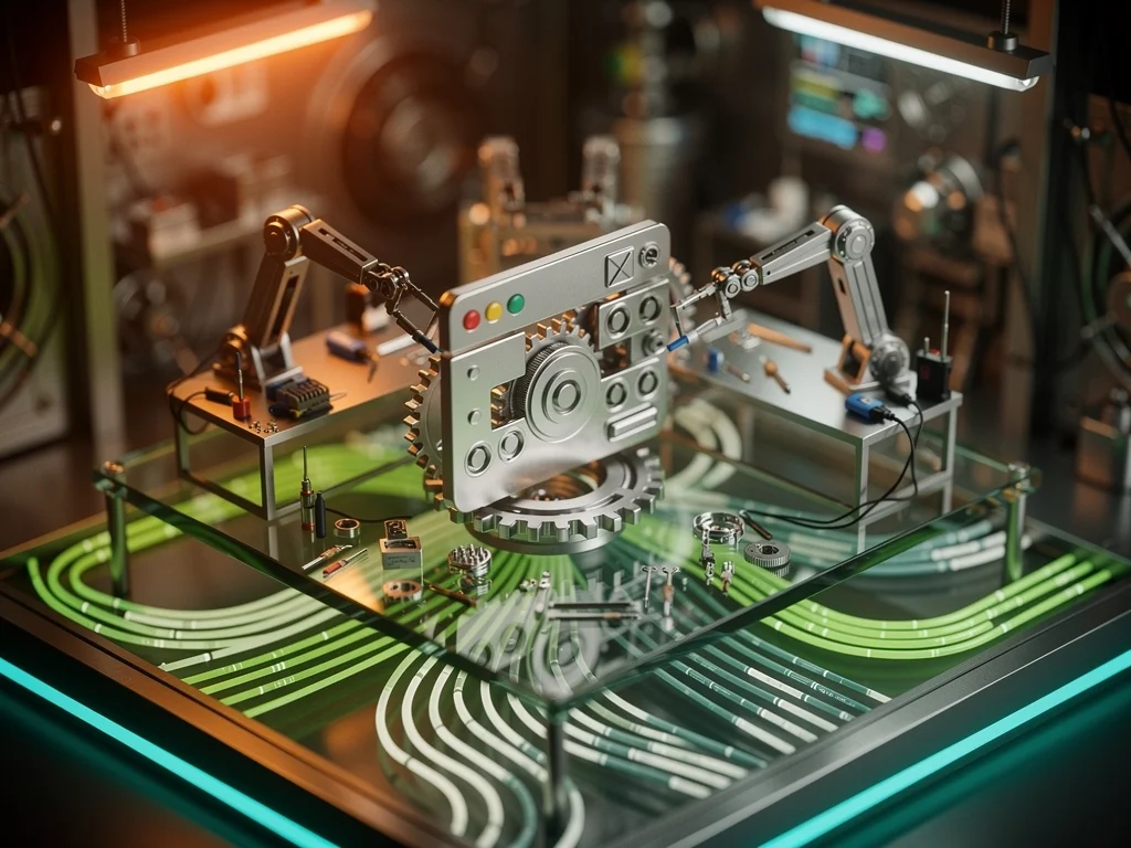Isometric miniature workshop where robotic arms and gears assemble a browser-shaped emblem above glowing fiber-optic…