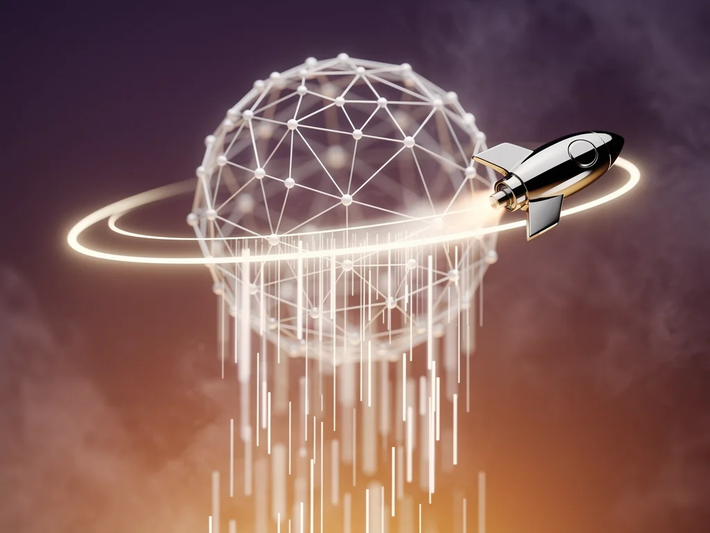Wireframe globe of interconnected nodes with a small chrome rocket icon orbiting it, surrounded by cascading light…