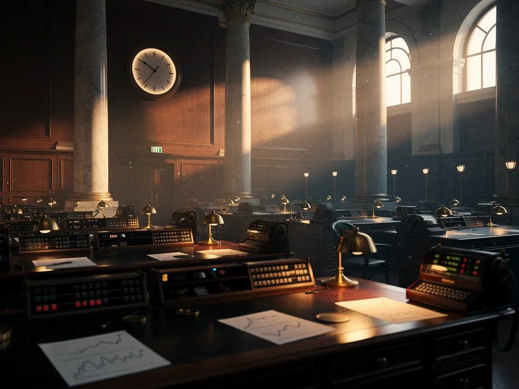 Empty trading floor at dawn with desks, ticker tape machines, glowing lamps, and light through arched windows
