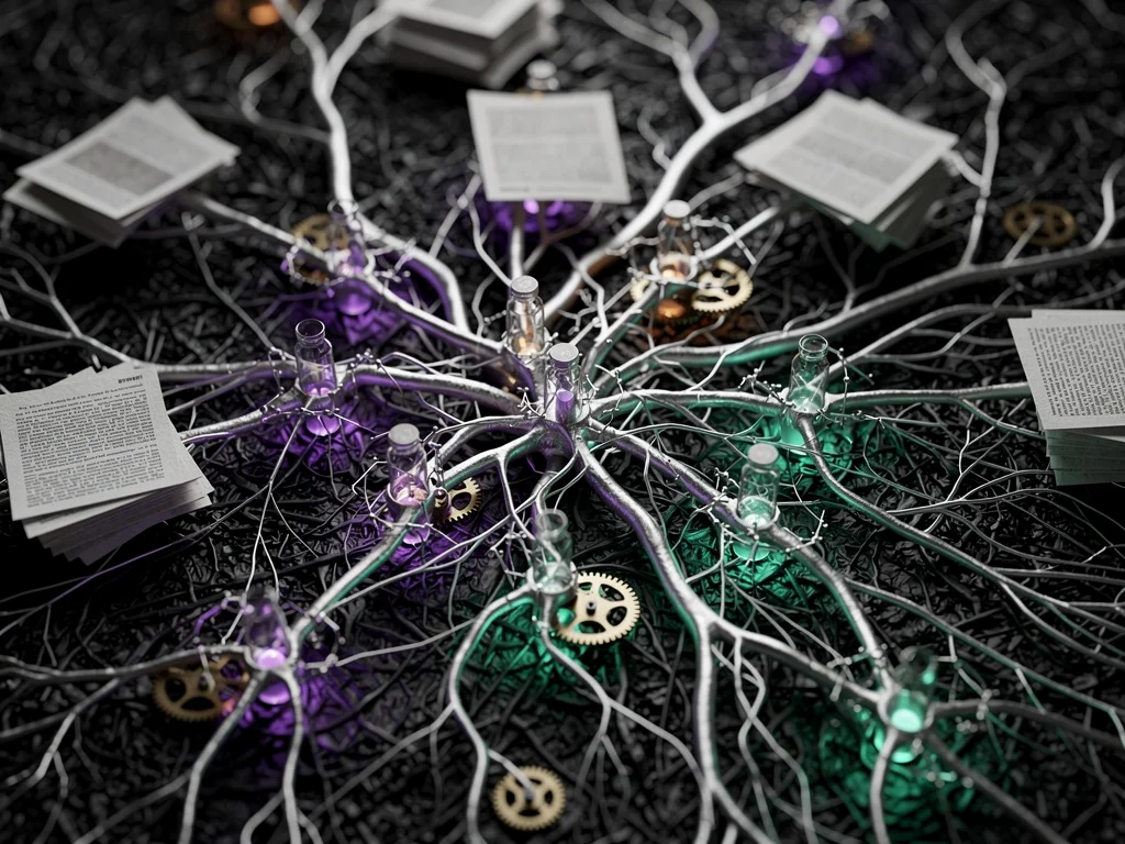 Macro view of a knowledge network spread like mycelium over dark paper, with silver filaments linking tiny documents,…