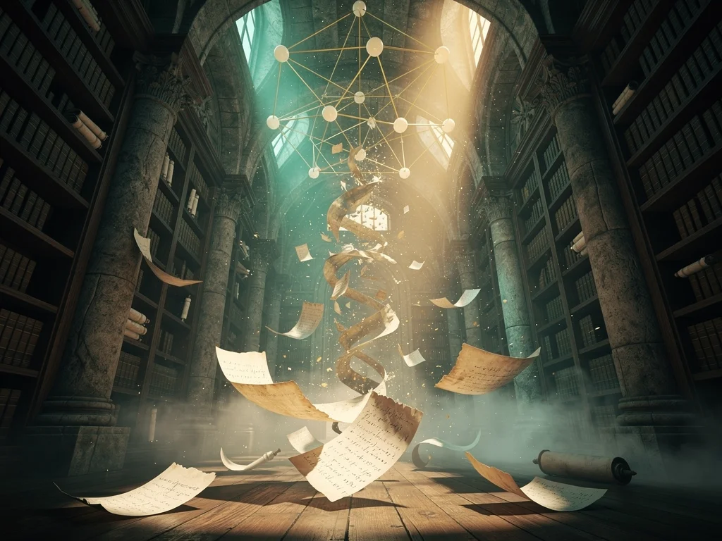 Endless dark library vault where aged pages spiral upward toward a glowing golden network of threads and orbs of…