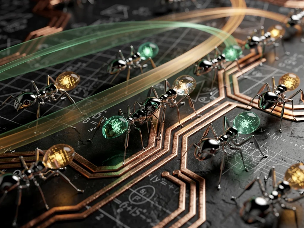 Tiny chrome robotic ants carry glowing data orbs along branching copper circuit paths in dark stone.