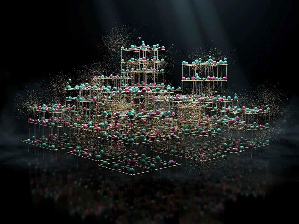 A 3D constellation of glowing spheres linked by golden threads forms layered towers above a reflective surface.
