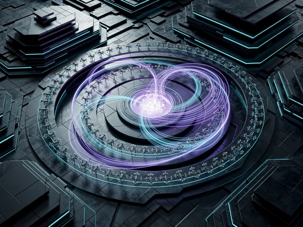 Top-down view of drone agents in concentric swarm rings around a pulsing hub, with light streams showing task flow.