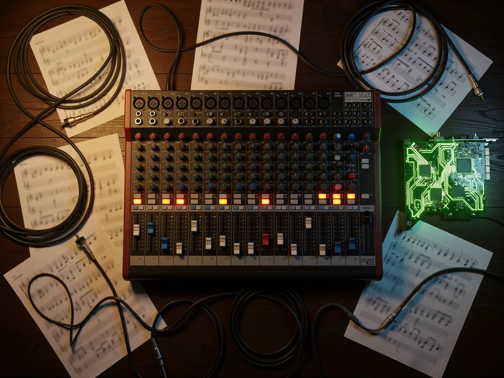 Overhead view of a studio mixing desk with faders, scattered notation sheets, a green GPU card, and coiled cables.