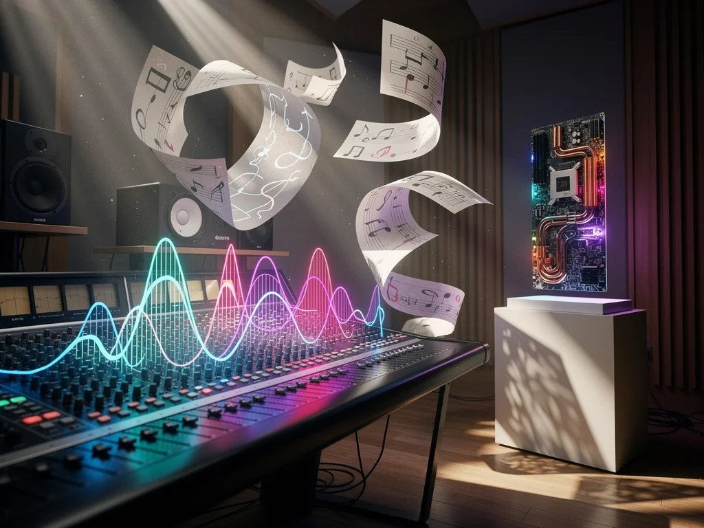 A holographic waveform floating above a mixing console, with sheet music swirling in the air and a GPU on a stand.