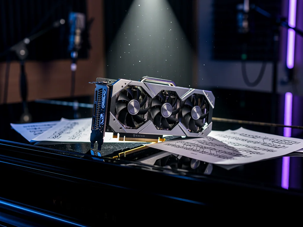 A graphics card resting on a grand piano in a dim studio, with sheet music pages fanned out nearby.