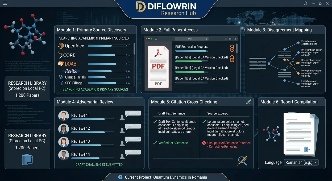 Illustration of the DiFlowRin Research pipeline: primary source discovery, full paper access, disagreement mapping, four adversarial reviewers, citation cross-checking and report compilation