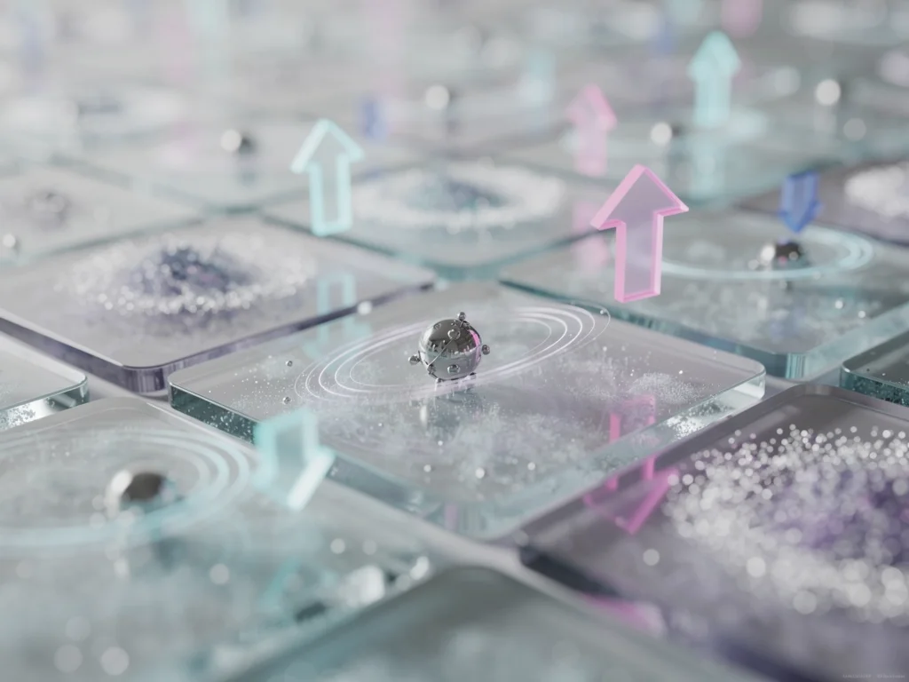 Endless frosted-glass tiles holding tiny particle scenes, with glowing pointer arrows floating above.