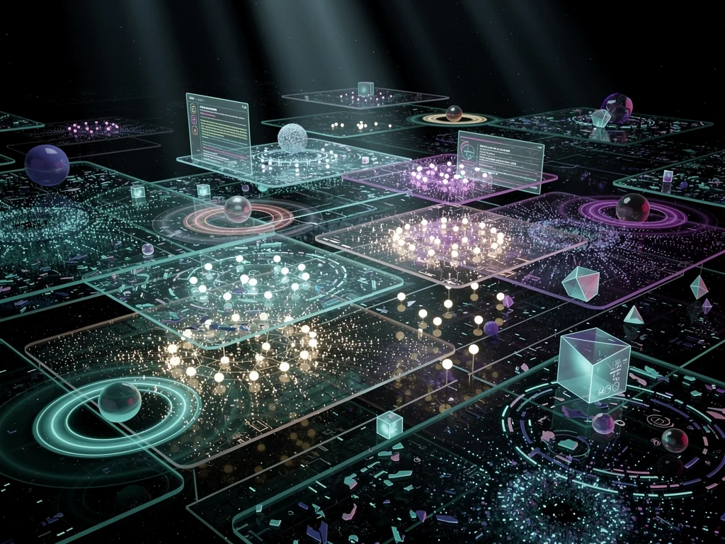 Colorful cursors hover over glowing nodes and orbiting shapes in a dark holographic workspace.