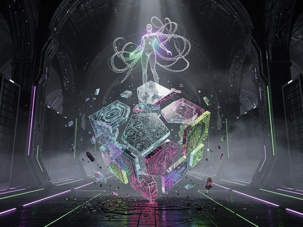 A wireframe AI entity reconstructs a shattered holographic cube amid floating fragments, with server racks in the…