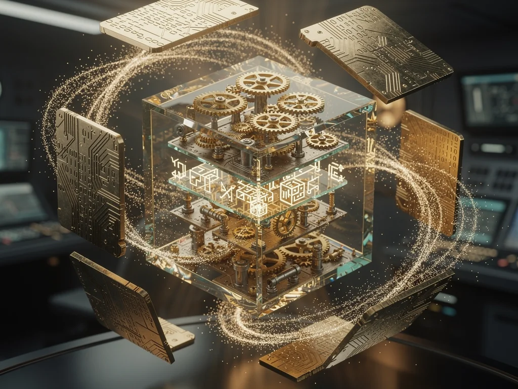 A crystalline cube splits open to reveal nested gears, binary-etched fragments, and streams of glowing glyphs.