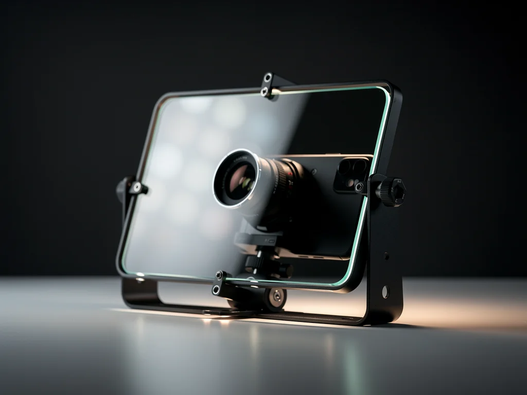 Side view of a DIY teleprompter: phone behind tilted reflective glass on a metal frame, lens visible through the glass.