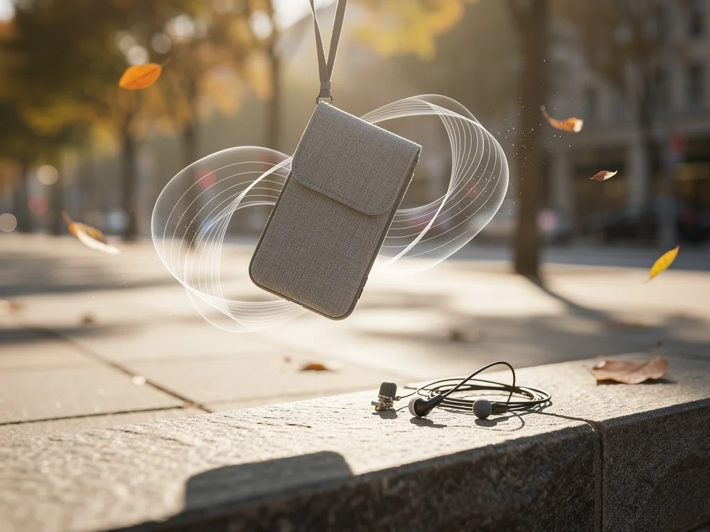 Phone in fabric pouch swings on lanyard over sunlit sidewalk; blurred trees, sound-wave loops, earbuds and mic nearby.