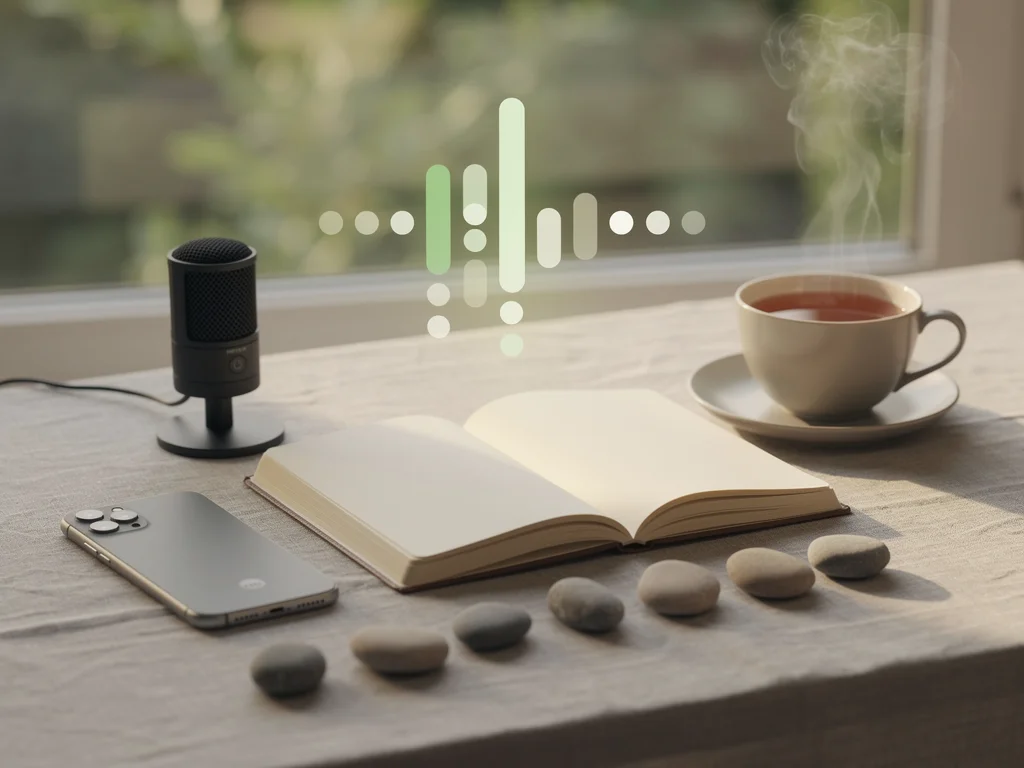 Face-down phone, mic, open journal, and seven pebbles on linen; tea steams as glowing bars and dots hover.
